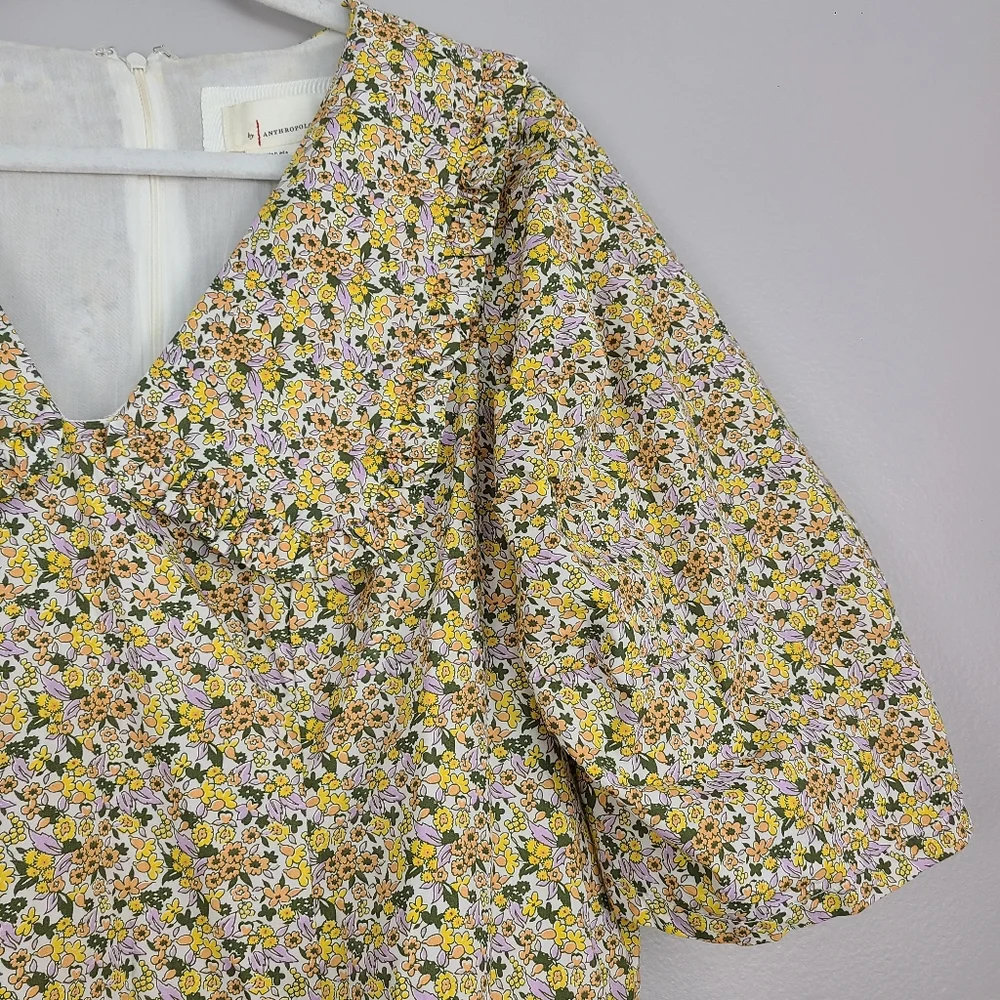 Anthropologie Yellow Lightweight Floral Cotton Collared Puff Sleeve Mini Dress - Picture 13 of 16